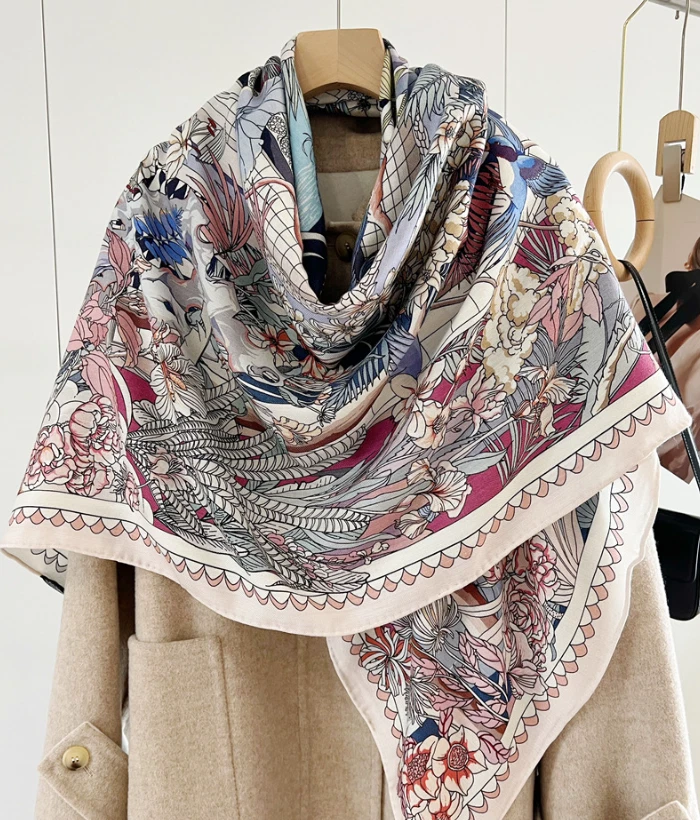 Bufanda envolvente 70 % cachemira 30 % seda estampado de flores bosque chal estampado de doble cara 53"" Foto 2 de 4