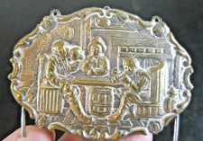 Antique Metal Badge Pictorial Medieval Drinking Trio in Tavern Repoussé Picture