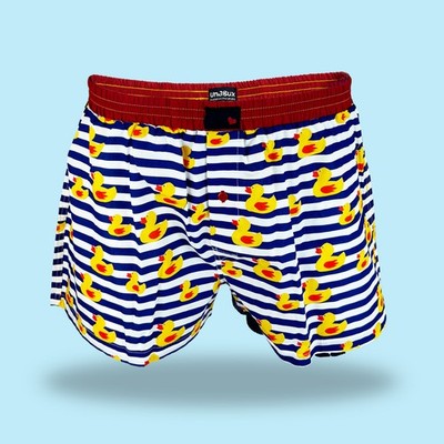 UnaBux Boxerhsorts DUCKI - blau weiß gestreift, gelbe Gummiente, Quietscheente