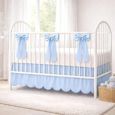 Blue Scalloped Crib Bed Skirt with 6 Large Bow, 28" x 52" with 14" Drop, 4 Sided