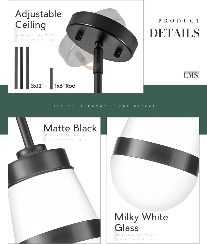 Pingente de vidro oval preto fosco com luz suspensa cozinha sala de jantar - Imagem 3 de 4