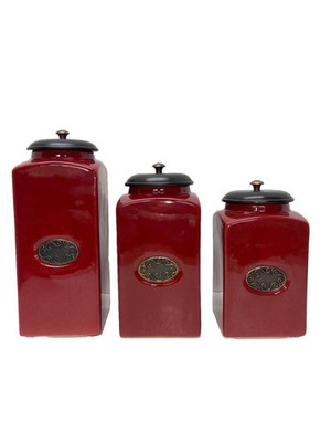 PIER 1 LARGE Rustic Brick Red 3 PCs Ceramic Canister Set W/ Vacuum Seal Lids