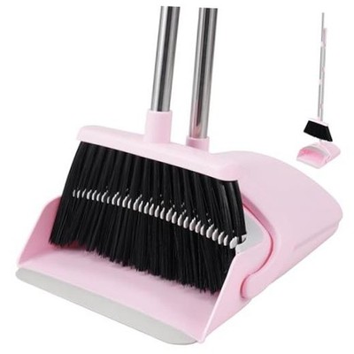 Broom and Dustpan Set for Home, 52  Long Handle Broom with Dustpan Combo pink