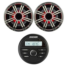 Kicker Marine Gauge Bluetooth Radio, 2x 6.5" 195W LED Speakers, Silver Grilles