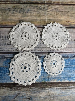 Vintage Hand Gehäkelt Baumwolle Untersetzer Set 4 Weiß Spitze Getränk Matten