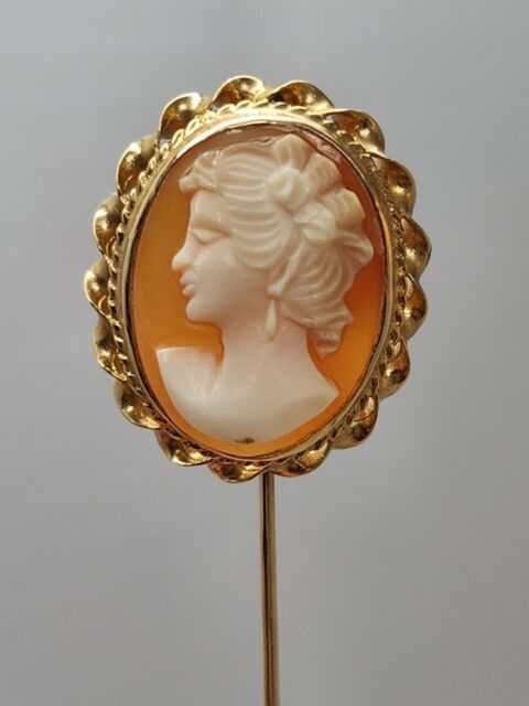 Victorian 14k Gold Cameo Stick Pin Brooch Carved Shell 2.9g Antique Twist Ornate