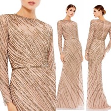 598 MAC DUGGAL Long Sleeve Beaded Column Gown Mocha Size 14