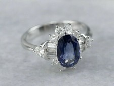 2.1Ct Lab Created Oval Cut Blue Sapphire Cluster Engagement Ring 14K Gold Plated