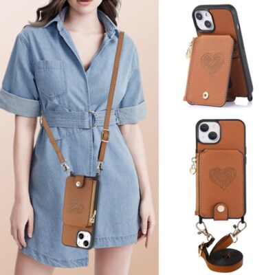 Case For iPhone 16 15 14 Pro Max 13 Leather Card Wallet Crossbody Lanyard Cover