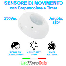 Sensore PIR di movimento presenza 360° soffitto crepuscolare e timer per fari