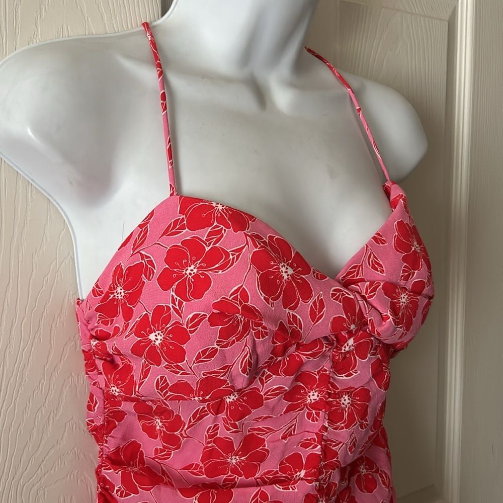 Zara Women's Pink Red Floral Ruched Body-con Mini Dress Sz Med Valentine’s Day thumbnail 7