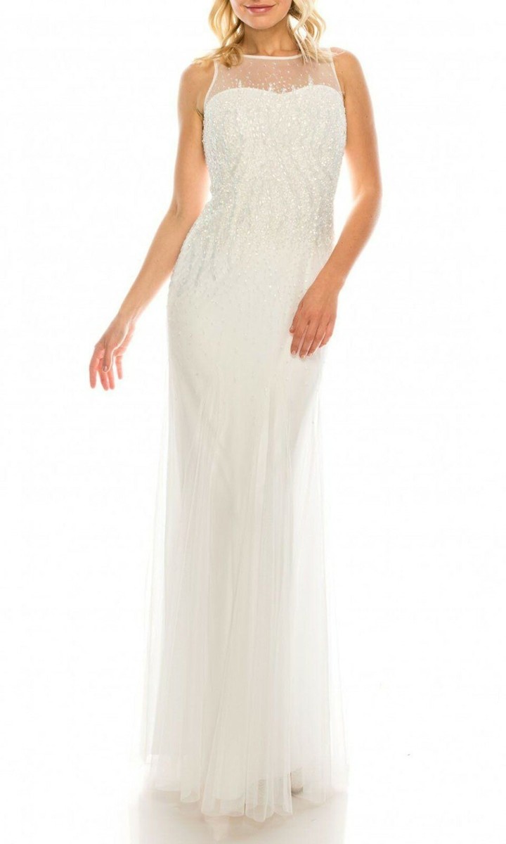 Adrianna Papell Ivory Sleeveless Beaded Illusion Long Dress Size 2-8 NWT $329