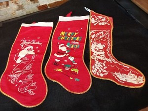 Vintage 3 Felt Christmas Stockings With Stenciled Designs