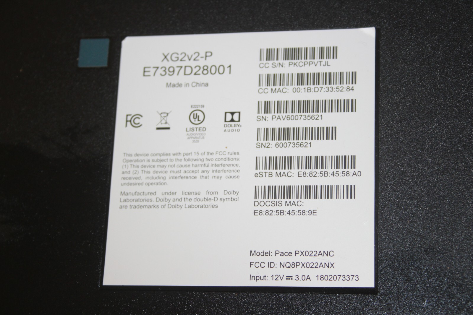 Contour Digital TV Cable Box XG2v2-P E7397D28001 Model PX022ANC 12V