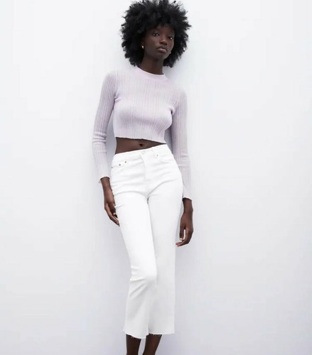 NWT ZARA Off White Cropped The Dreed Flare High Waist Stretch Denim Jeans  Size 6 | eBay