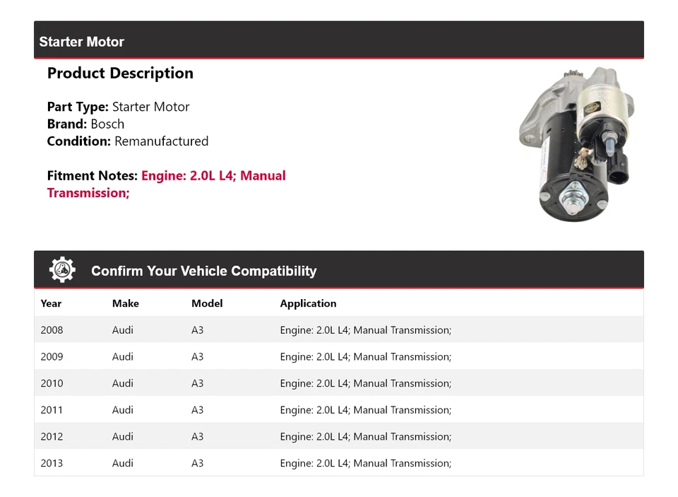 Arranque Bosch para Audi A3 2008-2013 2,0 L L4 (remanufacturado) 2009 2010 2011 2012 Foto 2 de 4