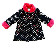 Penelope Mack Ltd Black White Polka Dot Pink Fur Trim Winter Coat Size 4