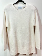 Vintage Angora Ivory Hand Knit Sweater M Beaded Thick Chunky Cozy Quiet Luxury