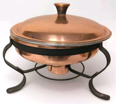 Vtg Copper Coated Chafing Dish w Brass Burner Handle Buffet Warmer Food Server
