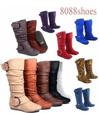 Women's Flat Zipper Buckle Slouchy Mid-Calf Knee High Boot Shoes Size 5 - 11 NEW