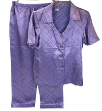 Vtg Pajamas Lounge Set Size Small Pants  Top Purple Geo high waist satin