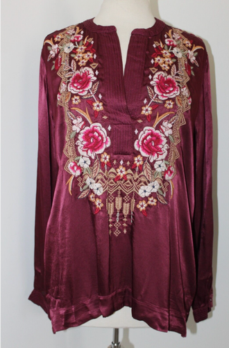 Johnny Was Biya Embroidered Anacapri Relaxed Trapunto Satin Blouse Top S NWT