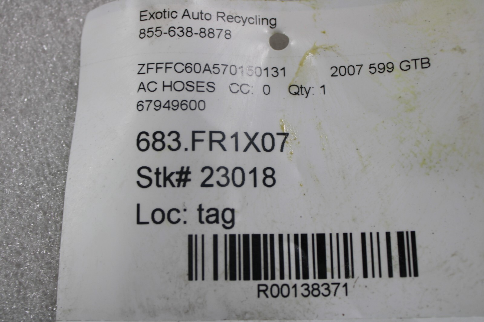 Ferrari 599 GTB, Condenser to Filter Hose, Used, P/N 67949600
