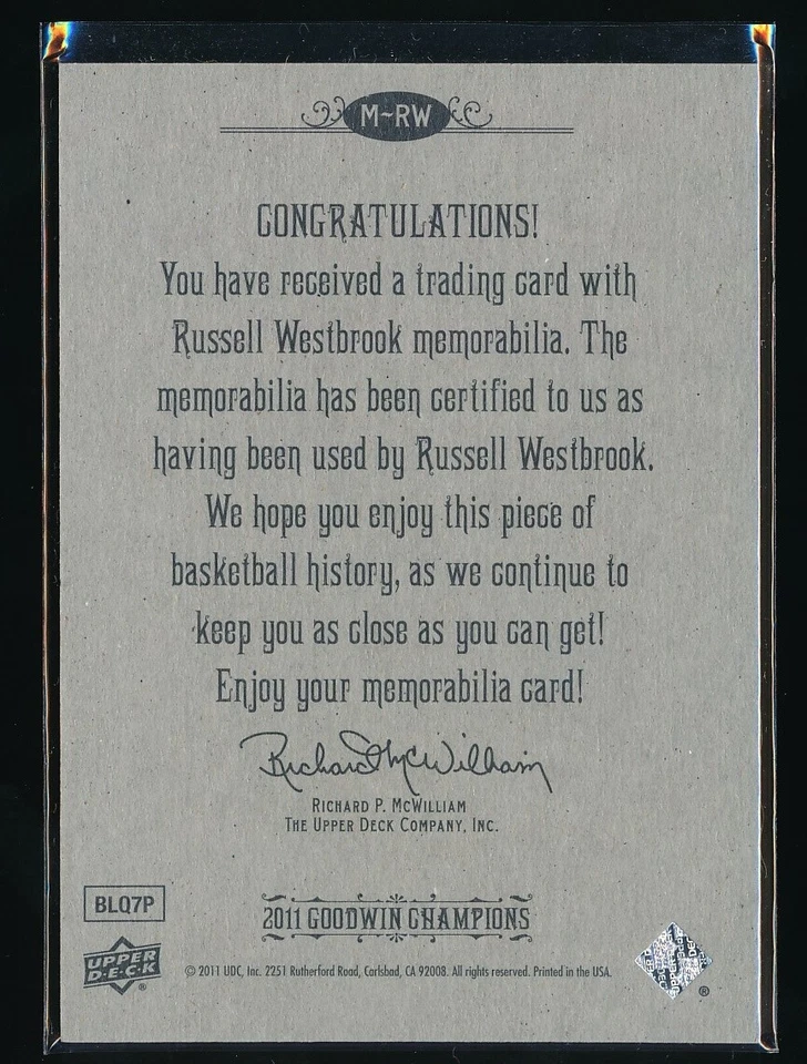 2011 UD Goodwin Champions Russell Westbrook Jersey Relic Memorabilia #M-RW NBA - Image 2 of 2