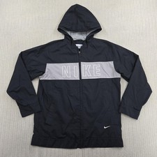 Vintage Nike Windbreaker Jacket Youth Large 14-16 Black Hooded Full Zip Logo Y2K