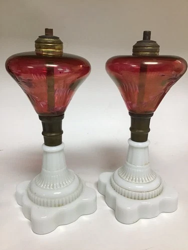 2 Exceptional Glass Ruby Cut Oil Lamps, Milk Glass base