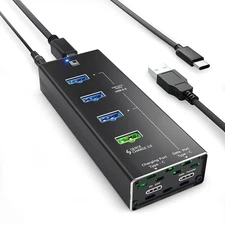 USB C Hub Powered, 6 Multi-Port USB Hub with 4 USB 3.0 Ports, 2 IQ Quick Charge