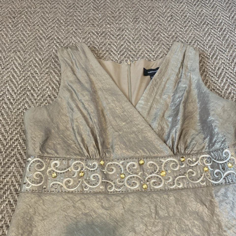 R&M Richards 荷叶边分层晚礼服米色香槟亮片 14 码 — 第 2/4 张图片