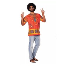 Spirit Halloween Adult L/XL Hippie Costume Shirt, Wig, Glasses, Peace Necklace