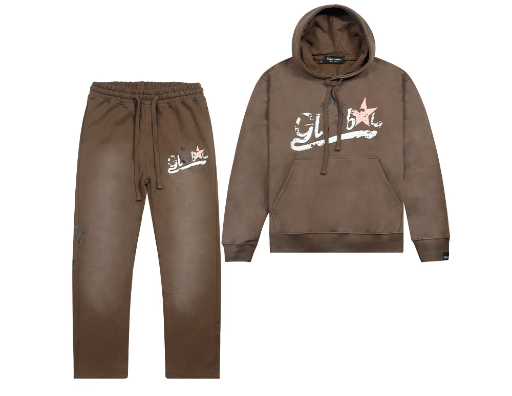 Global Cotton Fleece Men Hand dyed Faded Tracksuit Top & Bottoms Brown S,M,L,XL
