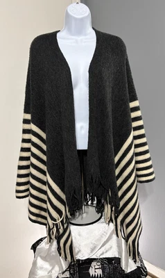 Vince Camuto Poncho Fringe Gray & White Striped Open-Front Cape Sweater Soft O/S - Image 1 of 4