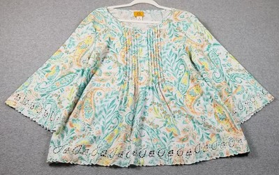 Ruby Rd. Top Women s Medium M Floral Paisley ¾ Sleeves Pintuck Cutout Spring