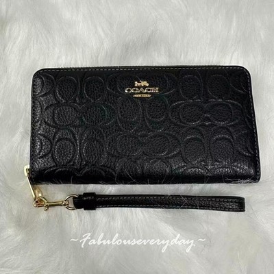 COACH 黒 レザー ビジネスバッグ Coach CEW21 Long Zip Around Wallet In Signature Leather Gold/Black