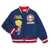 Super Mario Boys Bomber Jacket Official License Zip Pockets Size 10/12 Blue NWT