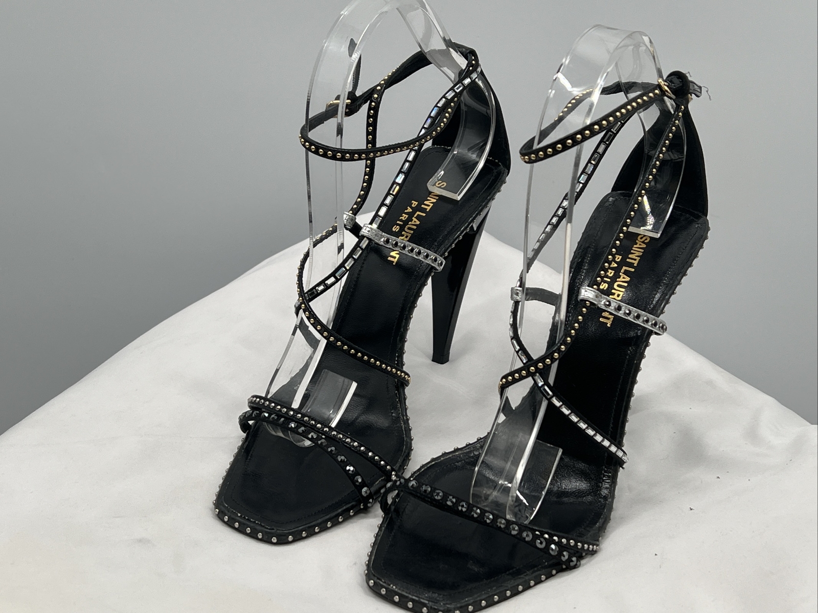 Sandali neri Yves Saint Laurent donna tacco a cono con pietre d'argento taglia 39 5