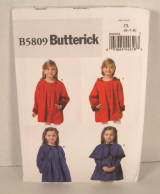 Butterick 5809 Easy Coat, Detachable Hood & Capelet Girls' 6, 7, 8 Pattern Uncut