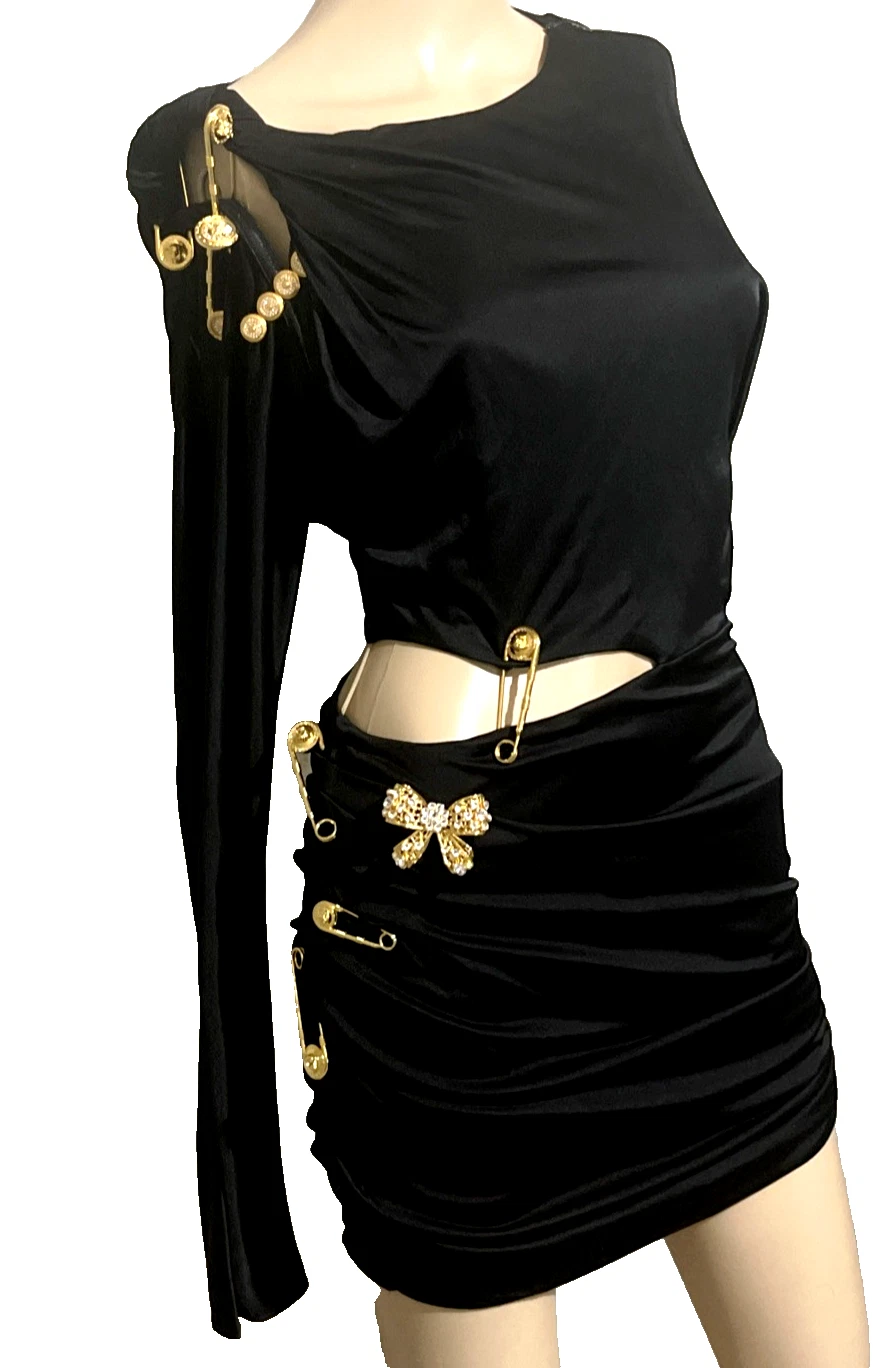 Versace — VERSACE Safety Pin Brooch Decorated Black Mini Cocktail Dress US 0 2 / IT 38