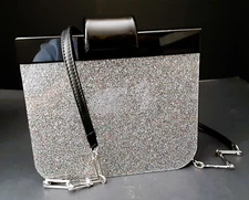 Edie Parker Glitter Acrylic Flip Lock Clutch Shoulder Strap Handbag - 7"x6"x2"