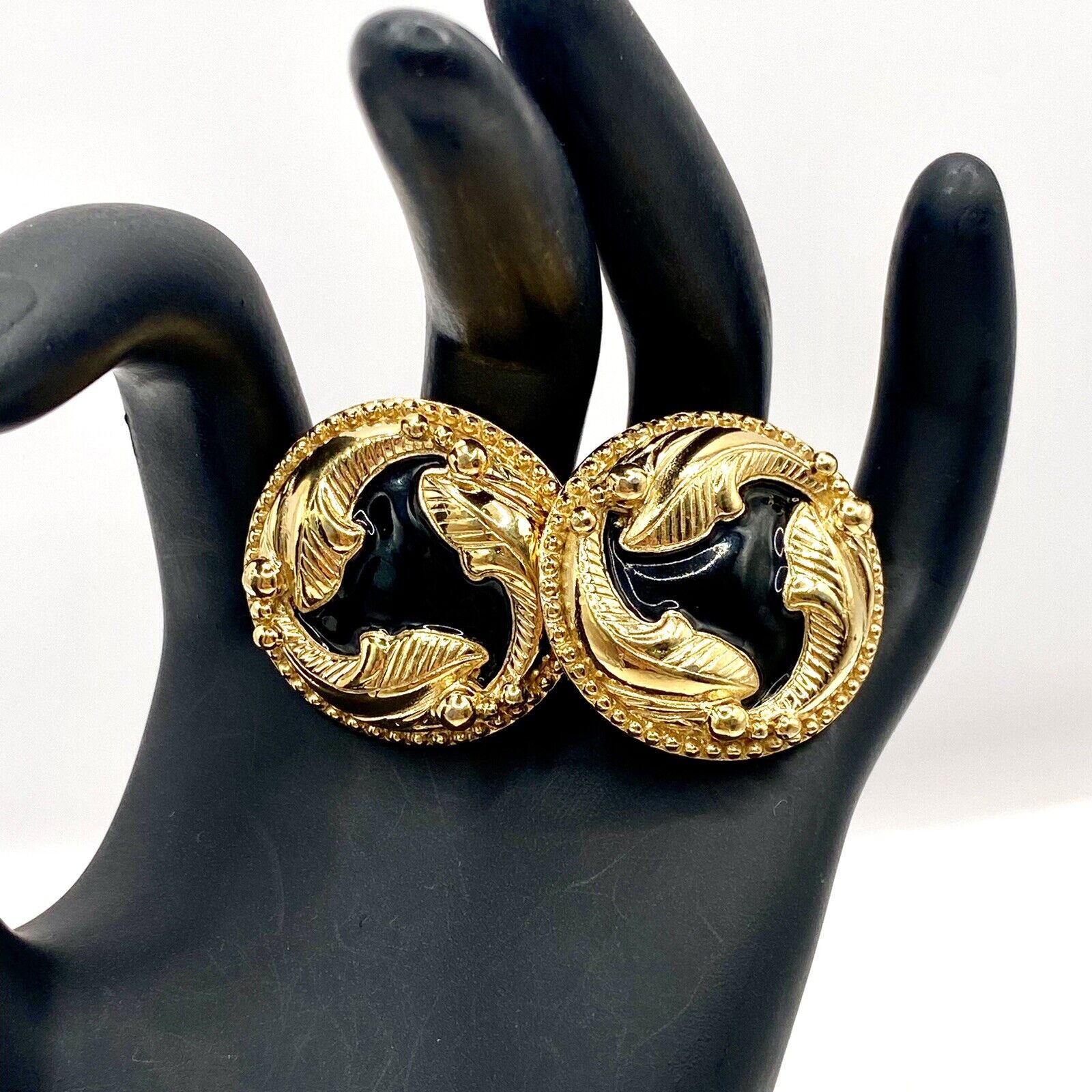 Vintage Goldtone Black Enamel Clip On Earrings El… - image 7