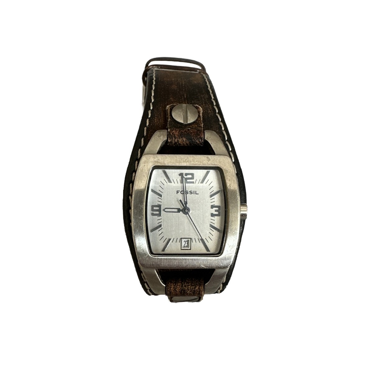 Fossil Watch Women Brown 23mm Leather Strap Rectangle White 