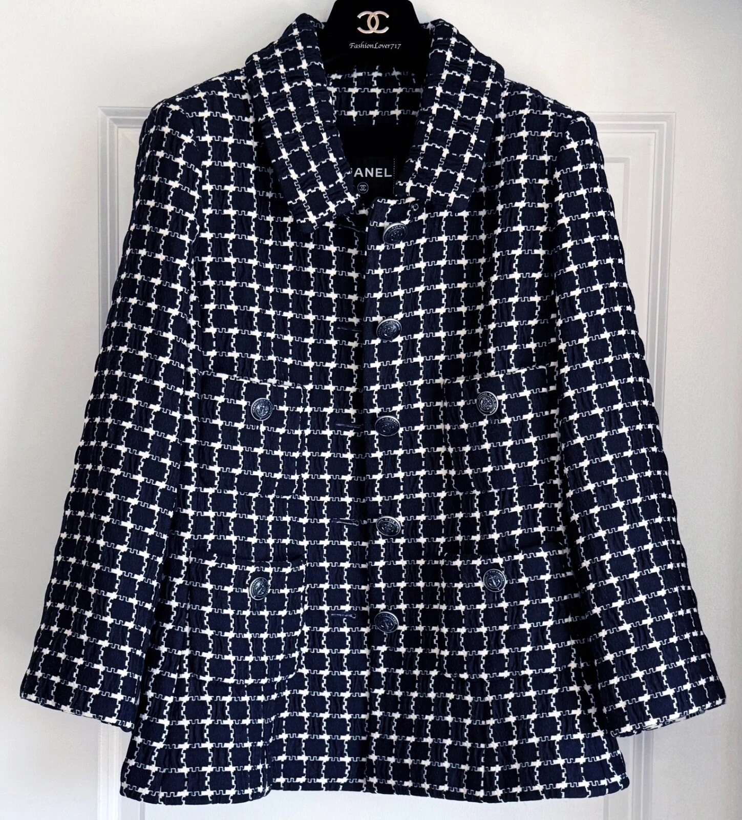 GIACCA DA PASSERELLA CHANEL 18A HAMBURG BLU NAVY BIANCA BOTTONI CC 40