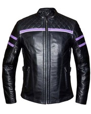 Womens Cowhide Leather Motorcycle Jacket Diamond Padded Top, Back Purple Stripes