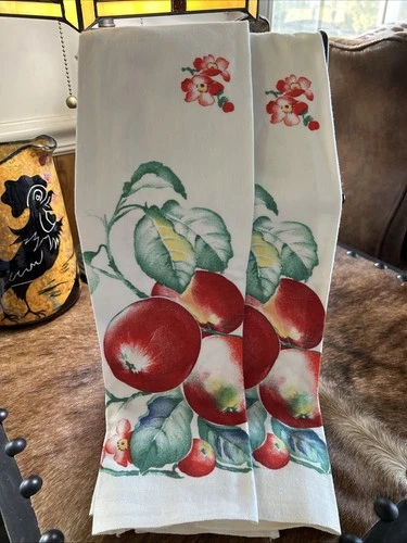 2 Vintage 40's 50's Floral Fruit Cotton Fabric Kitchen Towels Red White Blue