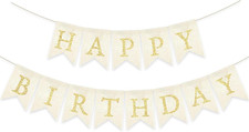 Gold Happy Birthday Banner Pre-strung Burlap Bunting Party Backdrop Sign Decorat