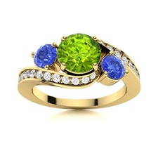 Three Stone Peridot  Tanzanite Round 925 Sterling Silver Gold Plated Women Ring