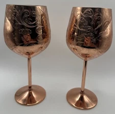 Sky Fish Etched Stainless Steel Wine Glasses With Copper Plated Set of 2-17oz